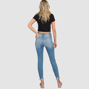 Mid Rise Distressed Ankle Skinny Jeans with Frayed Hem