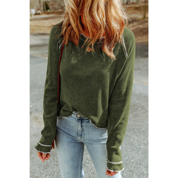 Jungle Green Waffled Round Neck Long Sleeve Top