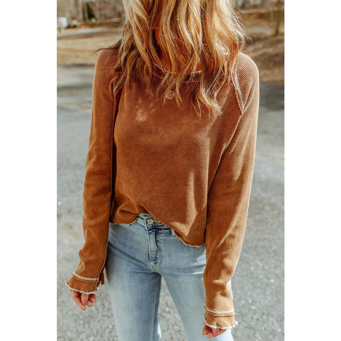 Camel Waffled Round Neck Long Sleeve Top