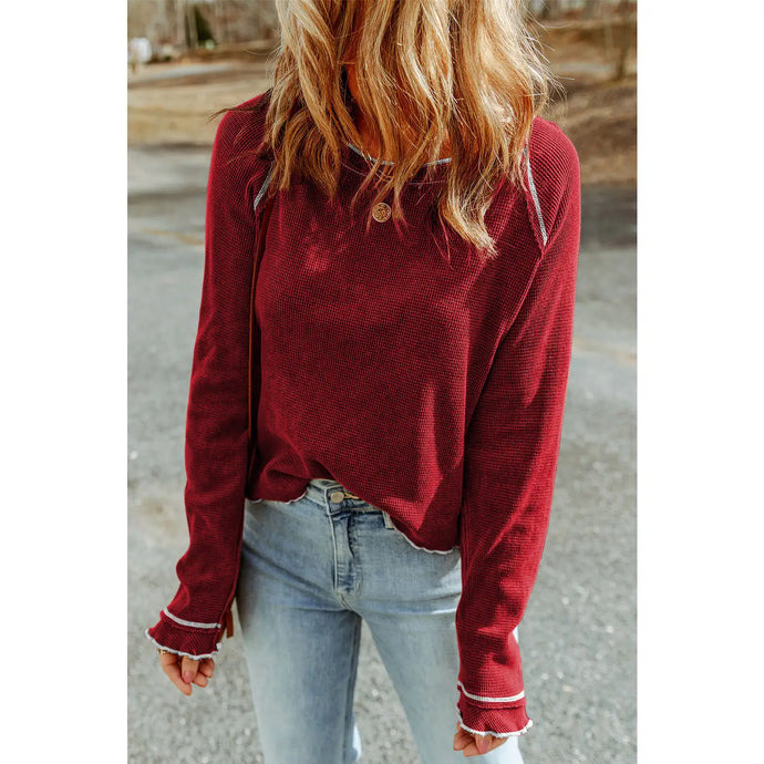 Red Waffled Round Neck Long Sleeve Top