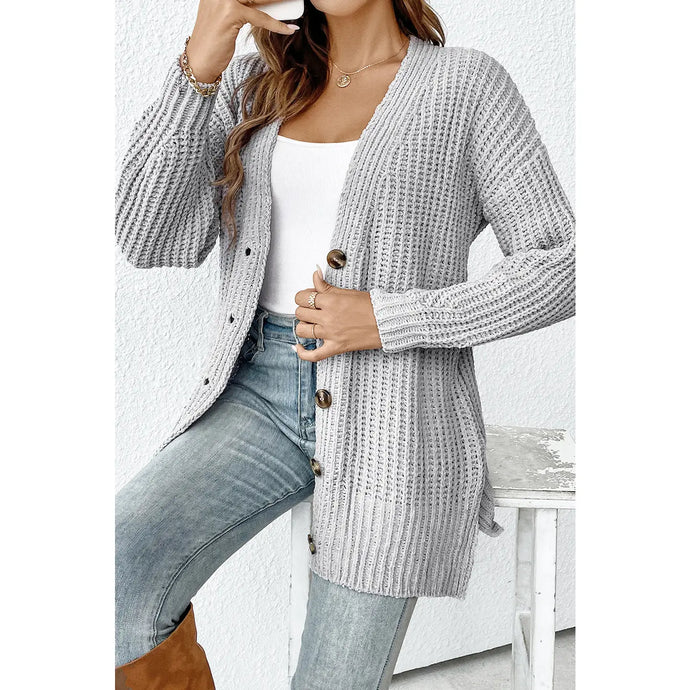 Gray Buttoned Front Drop Shoulder Knitted Cardigan