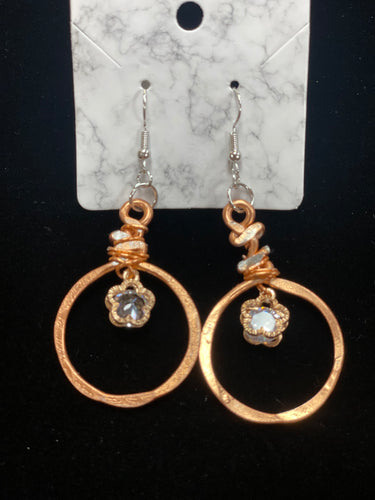 Angela Catirina Jones Copper Medium Round Earrings with Drop Dangle Rhinestone Flower