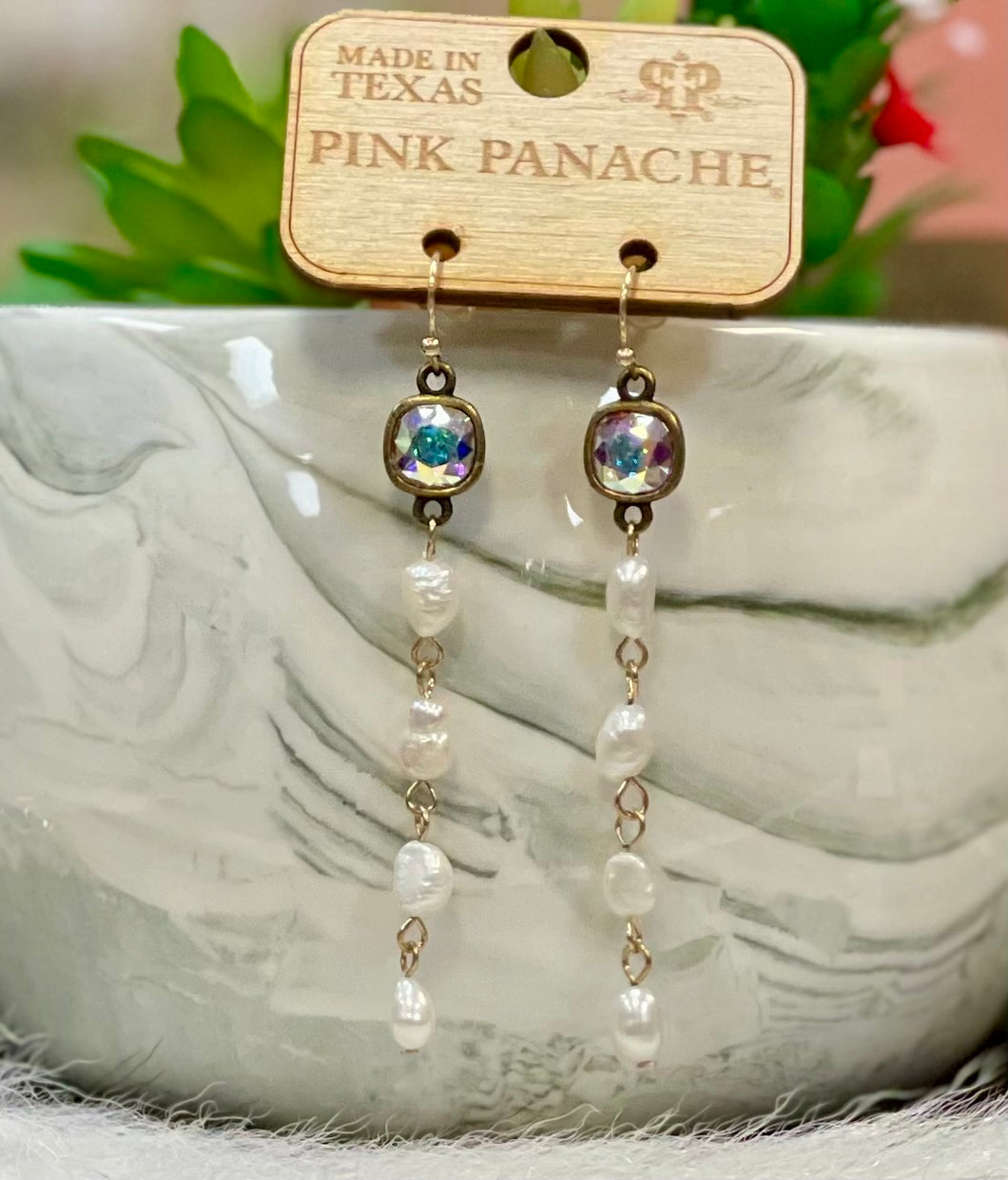 Pink Panache Gold AB Crystal with Dangling Pearls Earrings