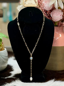 Pink Panache Gold Chain Linked AB Swarovski Crystal with Drop Pearl Necklace
