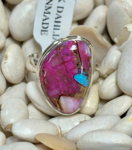 Kingman Pink Dahlia Turquoise Sterling Silver Ring - SIZE 7
