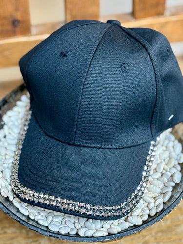 Black Silver Rhinestone Trim Brim Cap