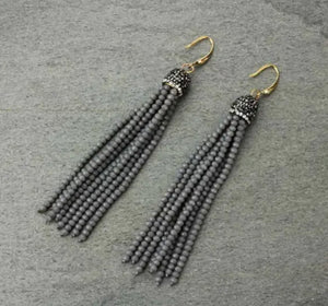 Grey Glass Bead Tassel Earrings