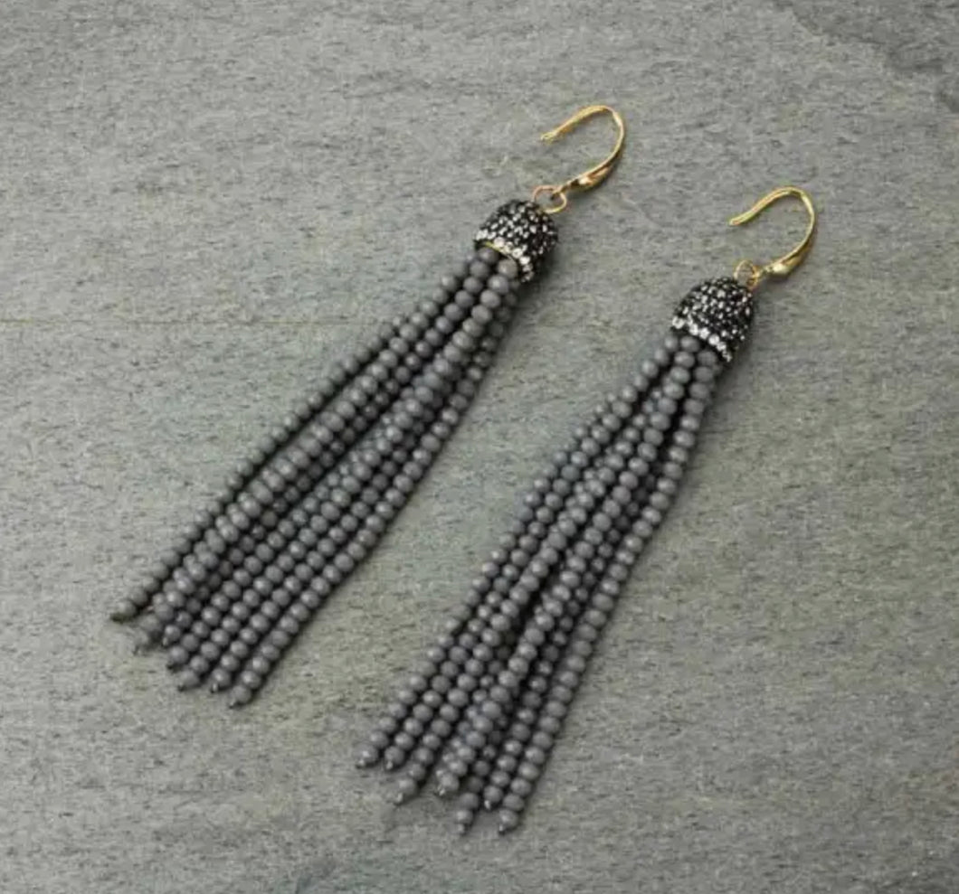 Grey Glass Bead Tassel Earrings