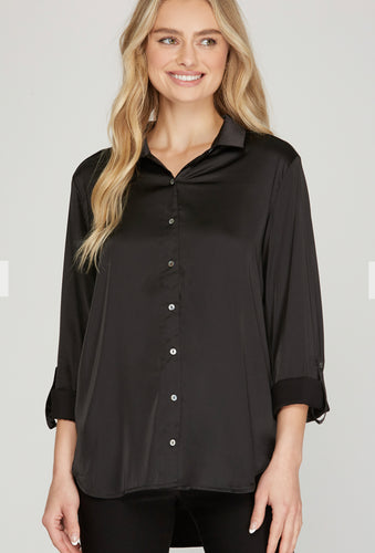 Black Satin Long Sleeve Button Up Top