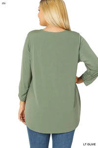 Plus Size Light Olive Front Zip 3/4 Sleeve Top