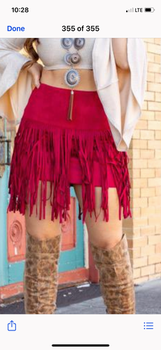 Wine Faux Suede Layered Fringe Skirt