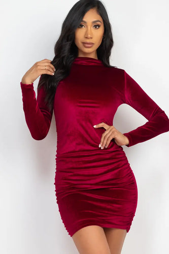 Wine Ruched Long Sleeve Velour Dress