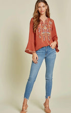 Load image into Gallery viewer, Rust Split Neck Embroidery Flare Sleeve Top
