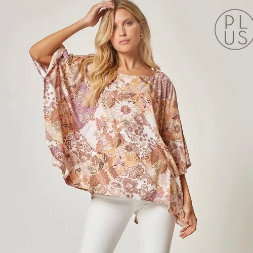 Plus Poncho Floral Woven Blouse Top