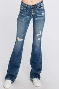 Dark Wash Distressed Mid Rise Button Fly Jeans