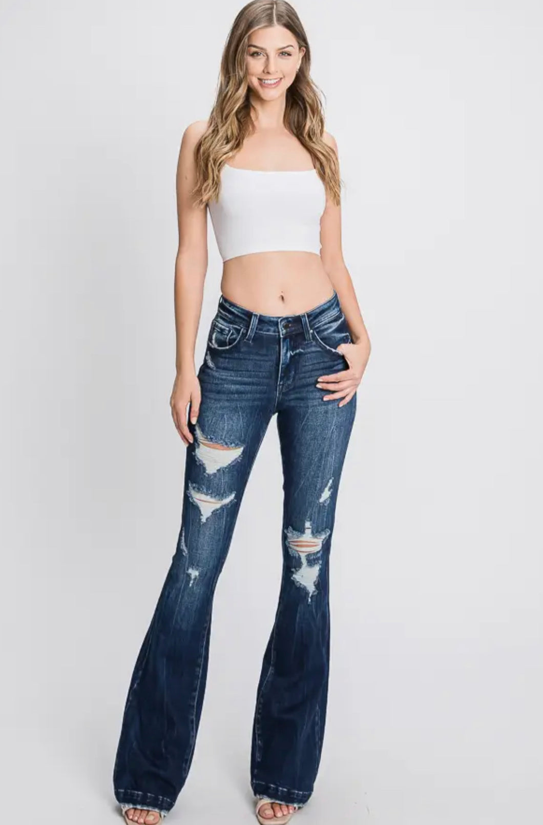 Dark Wash Mid Rise Distressed Flare Jeans
