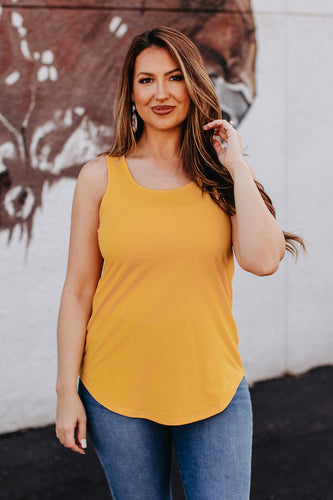 Mustard Basic Sleeveless Curved Hem Relaxed Fit Tank
