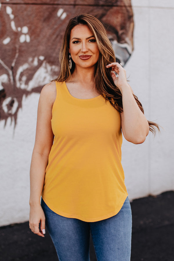 Mustard Basic Sleeveless Curved Hem Relaxed Fit Tank