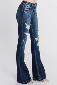 Dark Wash Mid Rise Distressed Flare Jeans