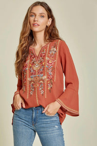 Rust Split Neck Embroidery Flare Sleeve Top