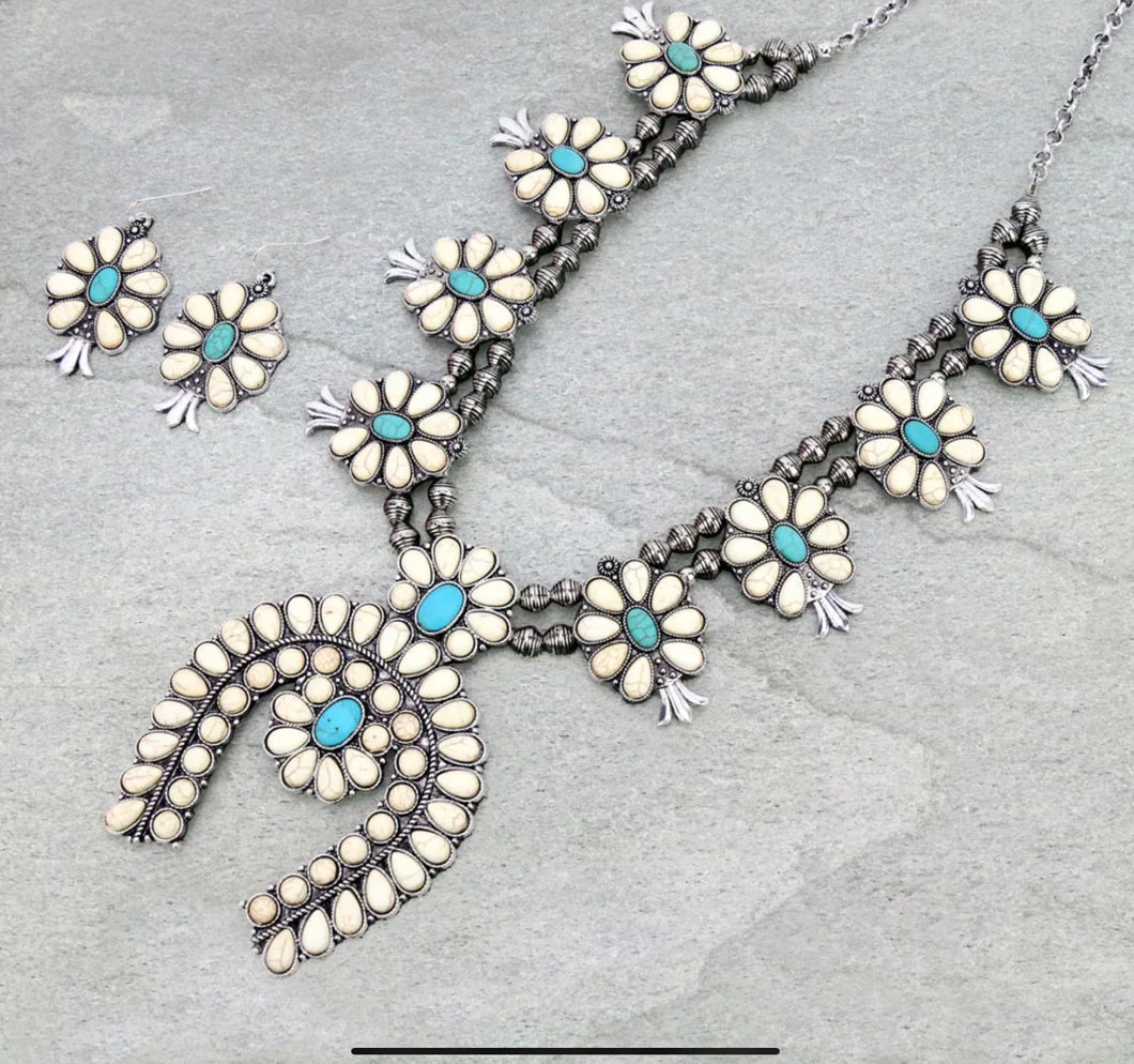 Ivory & Turquoise Squash Blossom Necklace Set