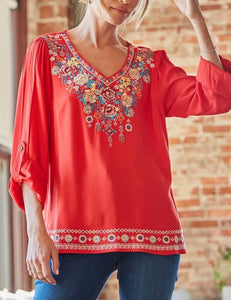 Tomato Embroidered V-Neck Top