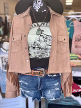 Load image into Gallery viewer, Tan Short Fringe Faux Suede Jacket