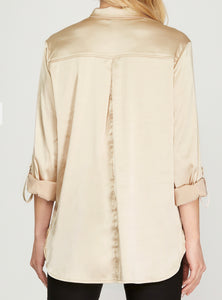 Champagne Satin Long Sleeve Button Up Top