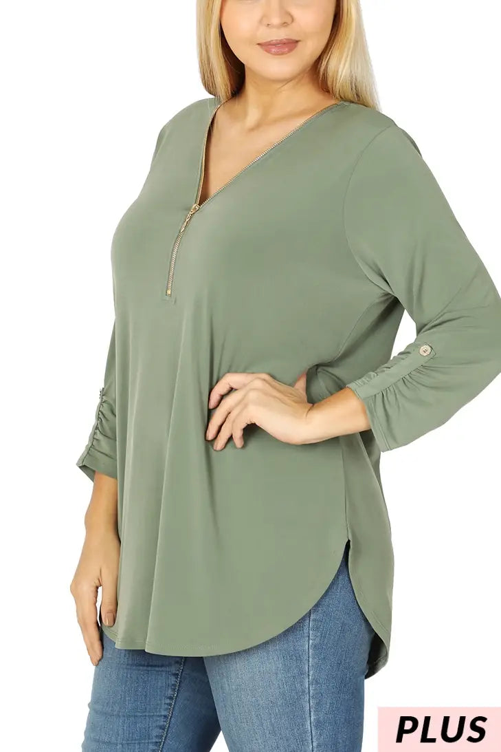 Plus Size Light Olive Front Zip 3/4 Sleeve Top