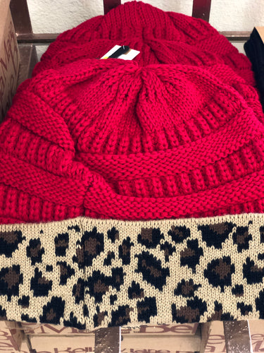 Red Knit Beanie with Leopard Trim
