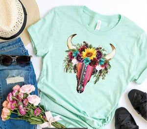 Bull Skull Serape Heather Prism Mint Graphic T-Shirt
