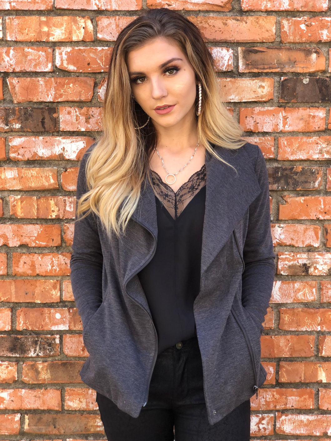 Charcoal Grey Knit Zip Up Jacket